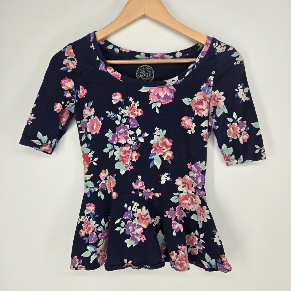 SO Peplum Top Small Navy Blue Floral Scoop Neck Stretch Shirt Fairy Romantic